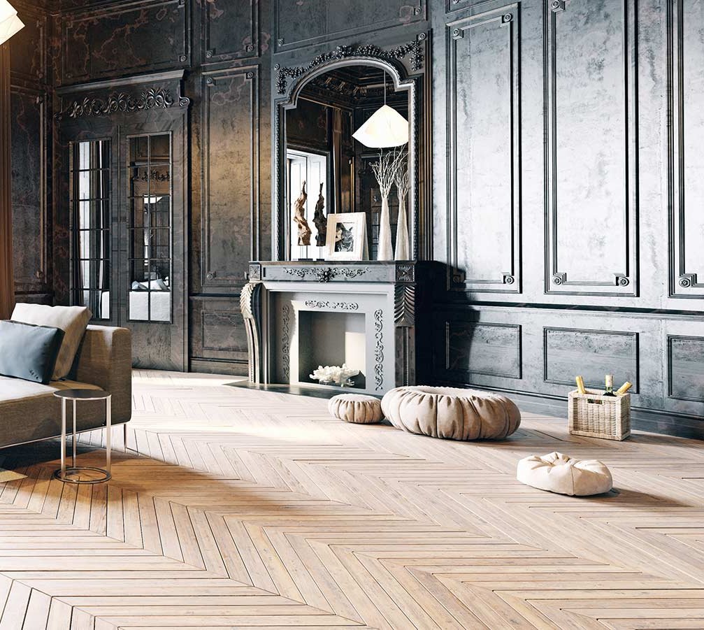 Parkettboden in modernen Dekoren auf boden-traunstein historischer Raum - Altbau-modern im Schlossstil mit Fischgrät-Parkett